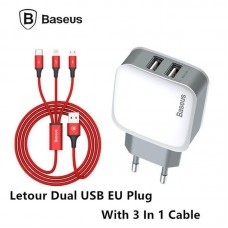 Зарядний пристрій Baseus Letour Dual U 3in1 Cable (Apple+Micro+Type-C) 2.4A, White/Red (TZCL-D92)