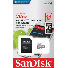 Карта памяти SanDisk 64GB microSDXC C10 UHS-I R80MB/s Ultra + SD (SDSQUNS-064G-GN3MA)